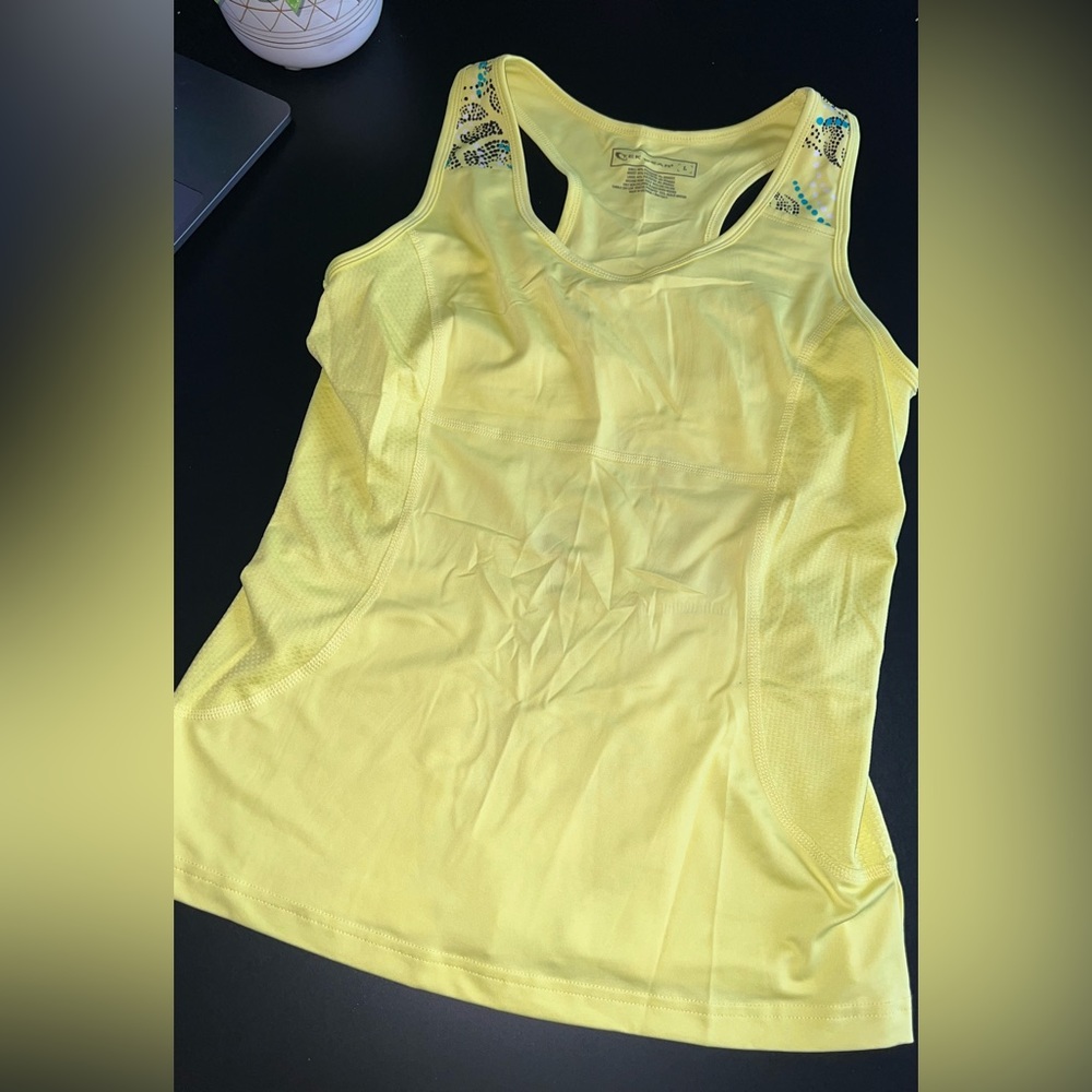 Tek Gear Butter Yellow Racerback Tank with Printed Back Size Large Like New